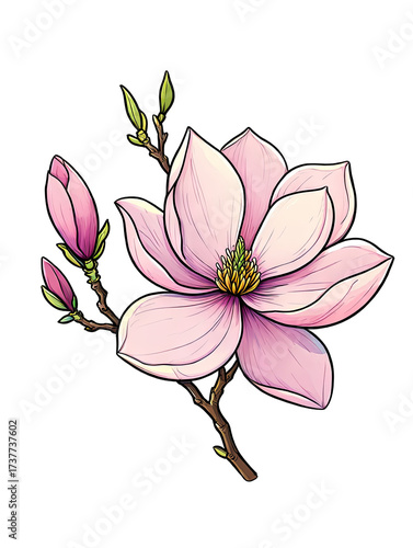 Watercolor Magnolia Flower with Buds Isolated on Black Background Design