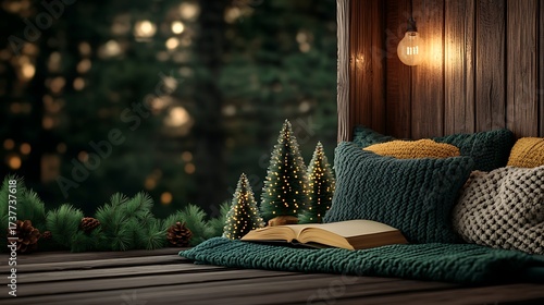 Cozy christmas reading nook with open book and decorative trees in a rustic cabin setting at nighttime