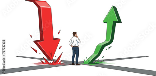 Man standing at crossroads of choices with red arrow pointing down and green arrow pointing up isolated on white background