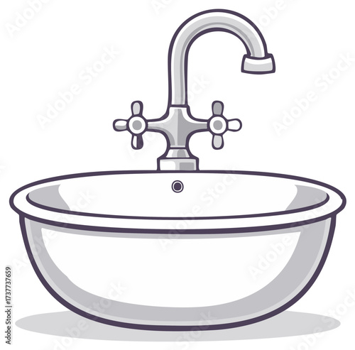 Stylized Bathroom Sink with Cross Handle Faucet Perfect for Hygiene and Home Improvement Illustrations