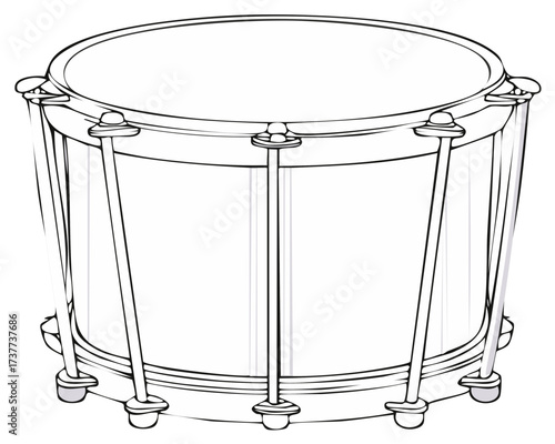 Simple black and white line art illustration of a marching tenor drum
