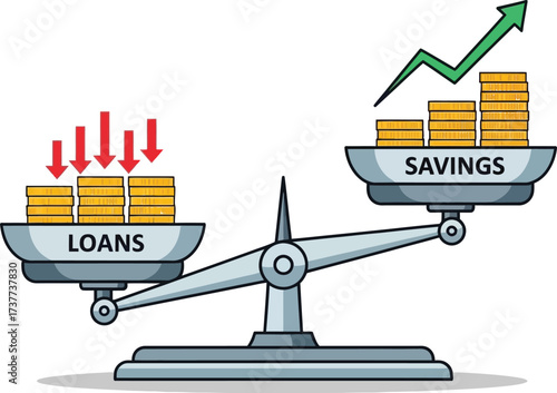 Balance scale showing savings increasing and loans decreasing, isolated on white background, financial equilibrium