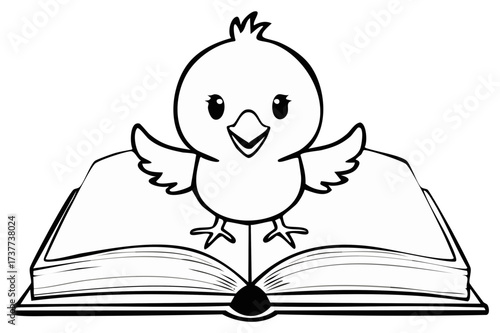Cute cartoon chick standing happily on an open book, a charming black and white line art illustration for learning