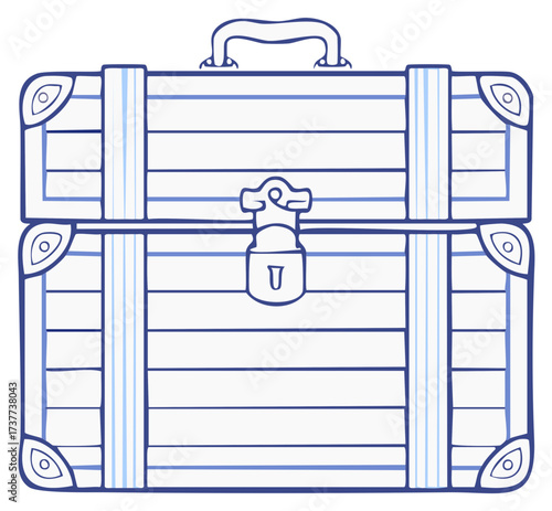 Illustration of a vintage suitcase or chest with a handle, latch, and stripes.