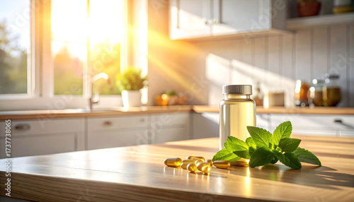 health supplements against a sunny kitchen background