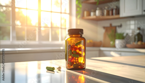 health supplements against a sunny kitchen background