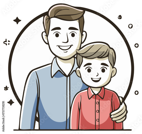 Affectionate father and son portrait in cartoon style with circular elements showcasing a loving relationship and family bond