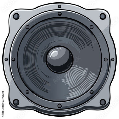Stylish Cartoon Audio Speaker Illustration, Grey and Black Loudspeaker with Retro Edge Detailing and Metal Studded Frame Graphic Element