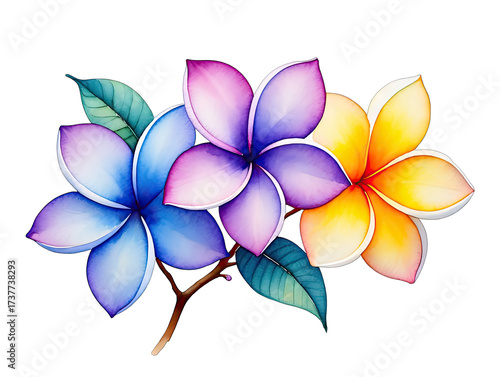 Watercolor Plumeria Flower Trio with Vibrant Colors on Black Background