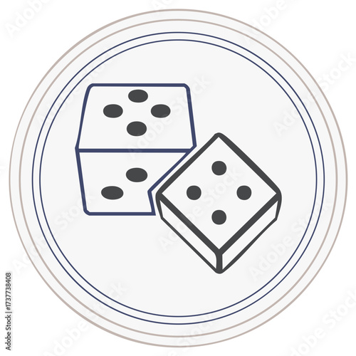 Two outline dice inside a double circular border symbolizing luck and chance