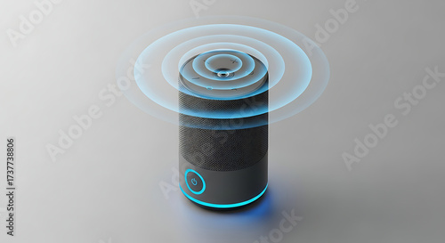 A futuristic smart speaker with voice control and an AI assistant. A modern internet of things device broadcasting audio signals for intelligent home automation