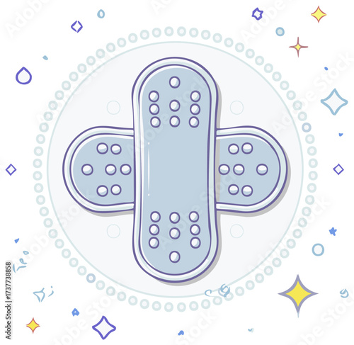 Stylized blue bandage with perforated holes and decorative elements