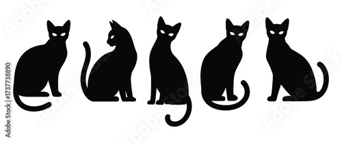 Set of Cat Silhouette Vectors Isolated on White Background – Minimalistic Black Cat Icons, Various Poses and Shapes for Design, Illustration, and Creative Projects