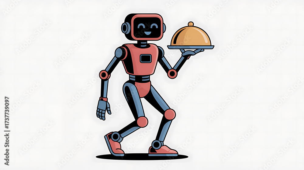 Obraz premium Friendly red and blue humanoid robot with a happy face carrying a golden cloche dish image