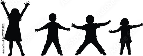 Playful children silhouettes with arms wide open — joyful movement, childhood energy, happy kids, active playtime, innocence, fun expression, family bonding moments.
