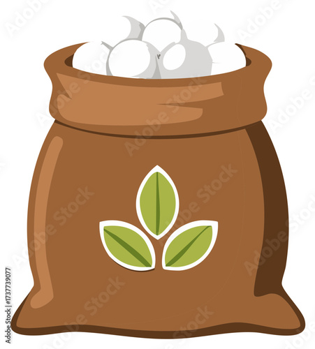 Brown sack filled with white fluffy cotton balls and a green leaf symbol