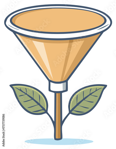 Cartoon funnel shaped like a flower with leaves and stem