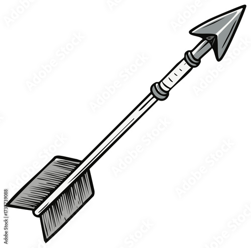 Simple gray arrow with pointed head and feathered fletching graphic illustration