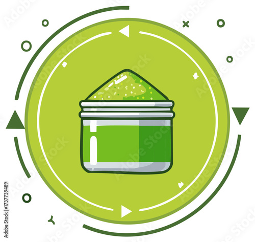 Green Powder In Jar With Circular Graphic And Abstract Symbols