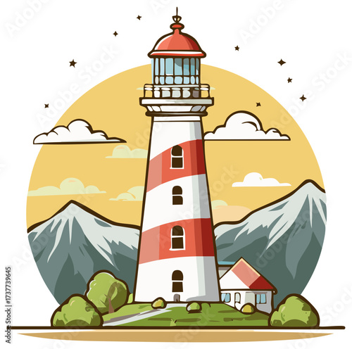 Coastal lighthouse beacon on a hillside with mountains and a yellow sky cartoon style