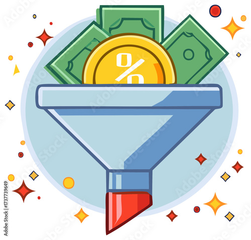 Funnel illustration with money and percent symbol for investment, business and finance concept
