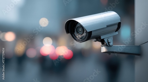 Medium shot of a sleek security camera sharply focused with a blurred background highlighting advanced surveillance for theft prevention.