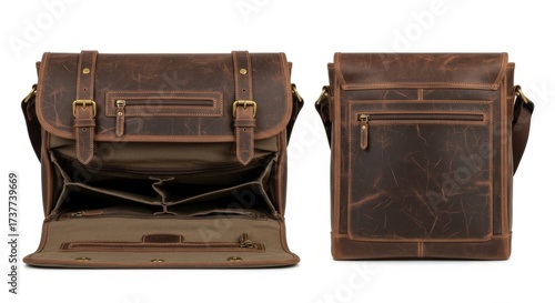 Classic Leather Messenger Bag Front & Back View Mockup