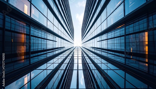 Low Angle View of Two Buildings with Mirrored Surfaces and Geometric Architecture Against a Bright Sky in Contrasting Light Blue and Dark Blue