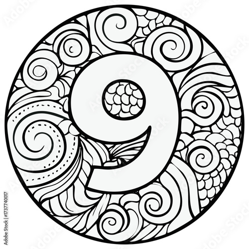 Hand drawn digit nine mandala style for coloring book with intricate swirls and organic shapes a vector design perfect for creative projects