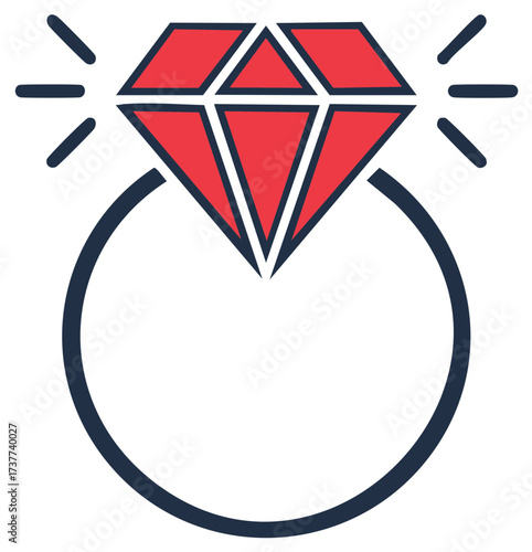 Stylized Engagement Ring Featuring a Vibrant Red Diamond, Representing Love and Celebration with Shining Sparkles Around the Gemstone.