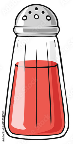 Cartoon illustration of a glass shaker filled with red liquid and a metal lid with holes