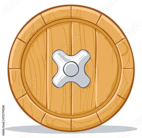 Cartoon wooden barrel head with metal bung plug vector illustration