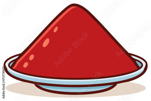 Red colored powder in a plate, a pile of seasoning or spice, cartoon illustration.