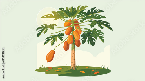 Vibrant papaya tree illustration with ripe fruits and fallen leaves evokes tropical vibes and healthy eating for food blogs, restaurant menus, and natural product promotions