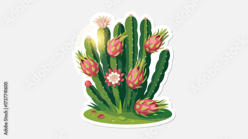 Delightful dragon fruit cactus with vibrant green stalks and blossoming flowers, a modern botanical illustration bringing a touch of the exotic tropics, perfect for vibrant designs