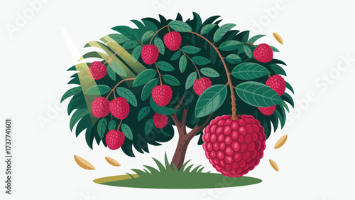 Luscious lychee tree bearing ripe, vibrant fruit amid lush green leaves, illuminated by sun rays, creating a tropical, healthy lifestyle vibe perfect for food and wellness brands