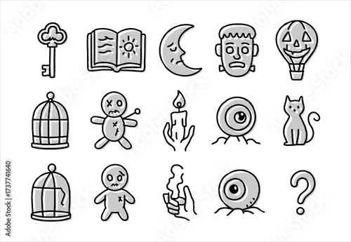 Creepy horror icons with skulls, voodoo dolls, eyes, fire, and haunted symbols.