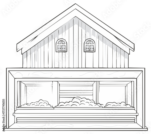 Simple black and white line art drawing of a wooden chicken coop with nesting boxes