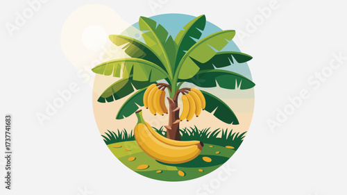 Vibrant banana tree with plentiful fruit, a tropical paradise evoking summer freshness and healthy eating, perfect for food blogs and educational resources about exotic fruits