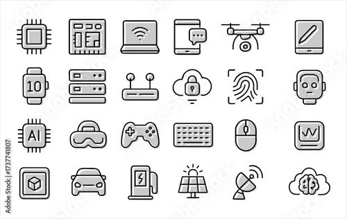Modern technology icons featuring gadgets, AI, computers, and digital devices.