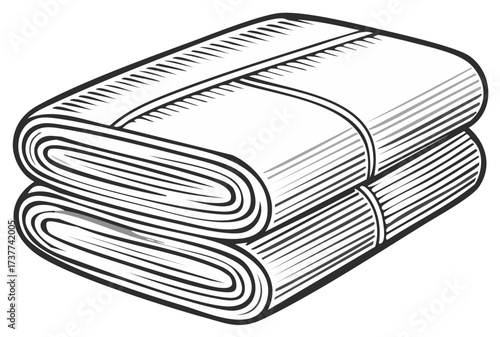Two neatly rolled textiles or towels stacked and tied in a classic monochrome engraving style illustration