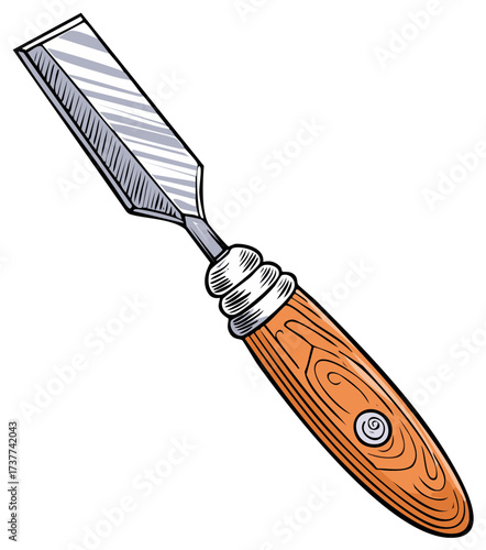 Hand drawn woodworking chisel with a sharp metal blade and wooden handle