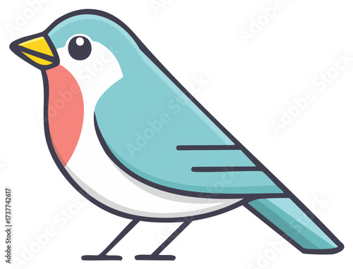 Cute cartoon bird with blue plumage and pink chest standing still.