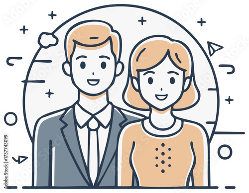 Smiling couple in line art style, featuring a man in a suit and a woman in casual wear, symbolising partnership and connection