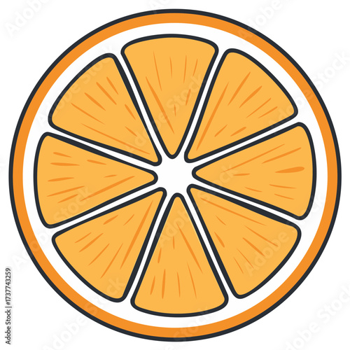 Stylized cross section of a bright orange fruit showing segmented pulp and rind
