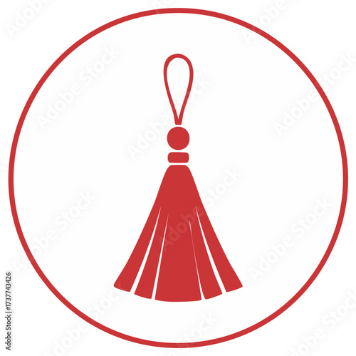 Red tassel graphic design in a circular frame, with decorative hanging loop and a simple art style