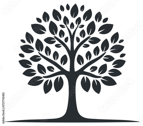Stylized dark grey tree with abundant leaves and strong trunk, clean vector illustration