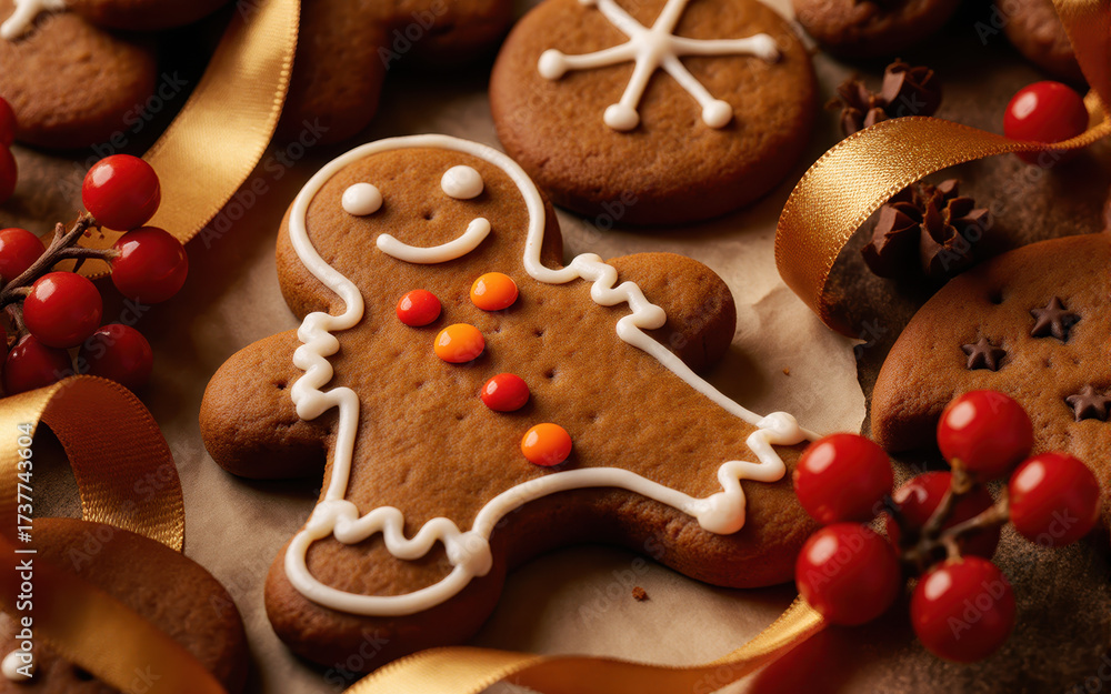 Fototapeta premium Cheerful gingerbread man cookie with festive icing decoration for Christmas holiday. sweet dessert and traditional homemade baked good with red berry and gold ribbon