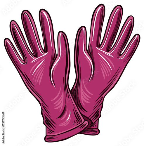 Shiny magenta protective rubber gloves in a stylized drawing style