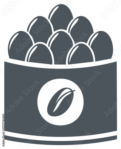Monochrome vector illustration of coffee beans filling a bag with a coffee bean icon